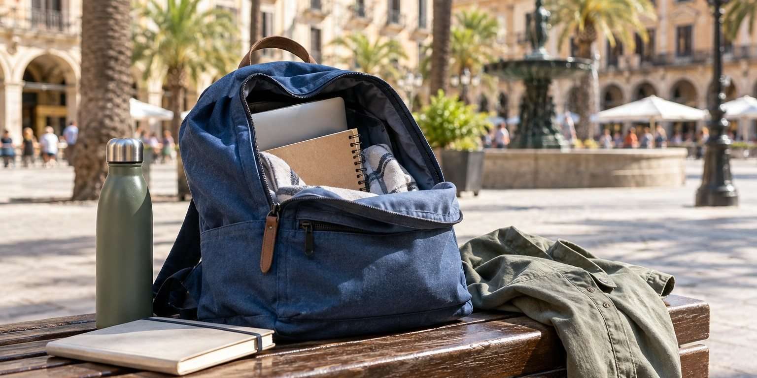 Escena ilustrativa de una mochila azul abierta, una botella, cuadernos y una chaqueta sobre un banco.