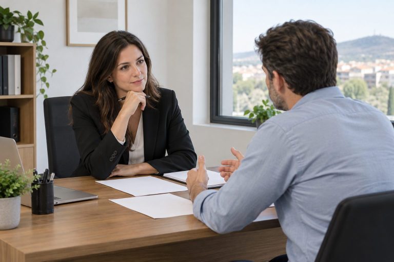 Abogada laboralista escuchando a un cliente durante una consulta profesional en un despacho