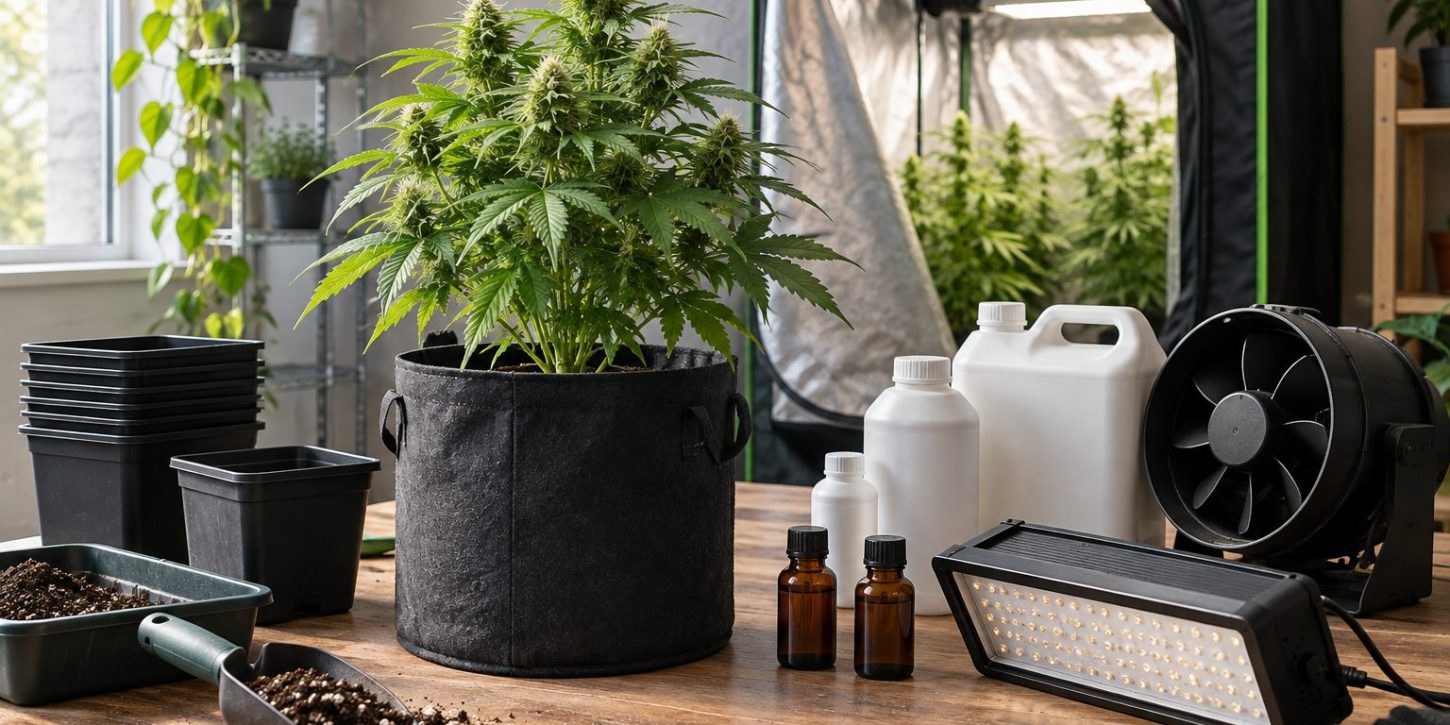 Planta de cannabis junto a iluminación LED, ventilación, macetas y recipientes de cultivo en una mesa de trabajo.