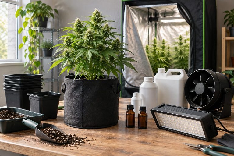 Planta de cannabis junto a iluminación LED, ventilación, macetas y recipientes de cultivo en una mesa de trabajo.