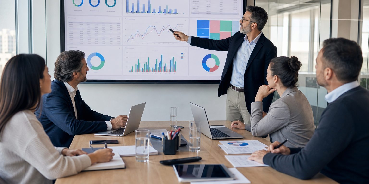Consultor de ERP presenta un cuadro de mando a un equipo directivo