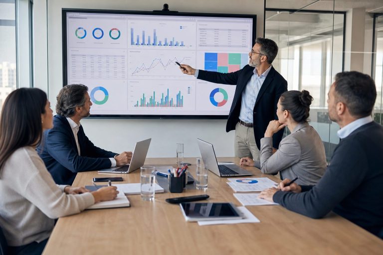 Consultor de ERP presenta un cuadro de mando a un equipo directivo